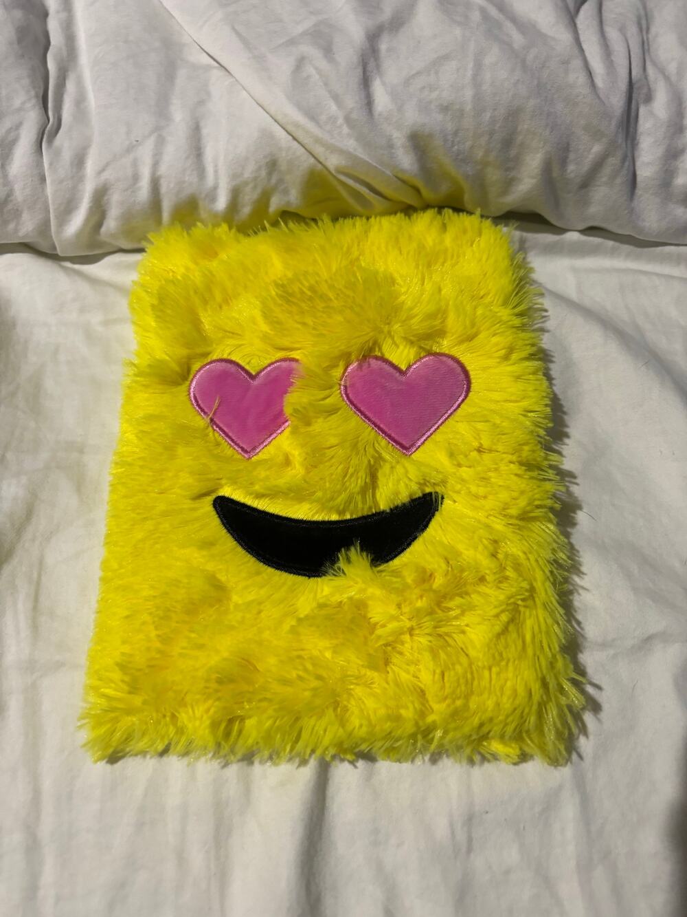 Journal 160 page fuzzy bright yellow emoji heart eyes book hard cover nwot